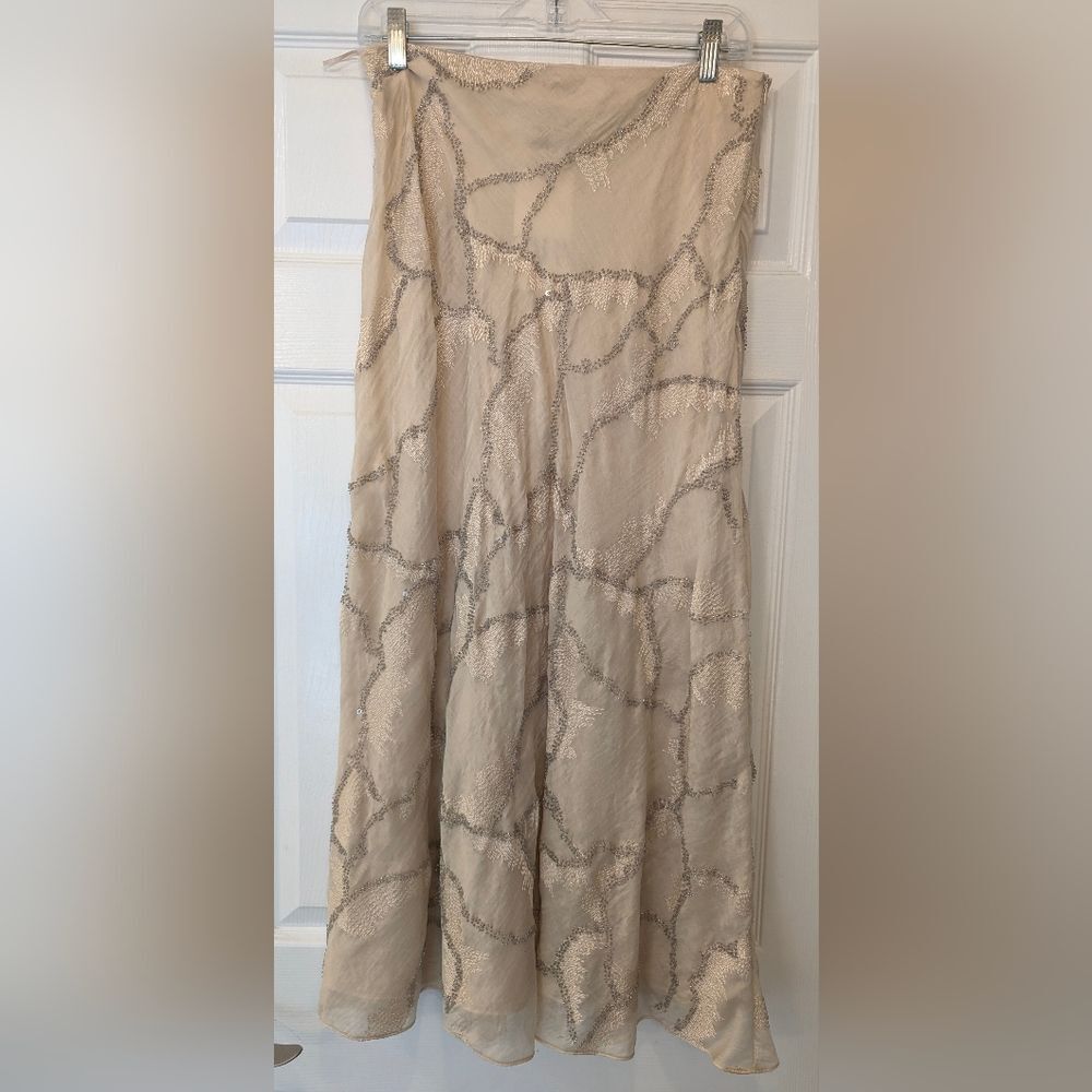 New ZARA Satin Midi Long Slip Skirt Beige Marble Neutral Nude Sz M Beads Sheer - Picture 4 of 14